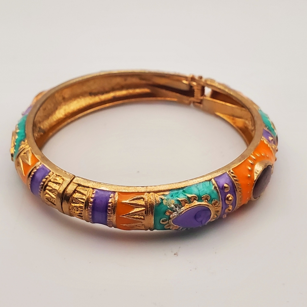 Colourful Enamel Boho Bangle Bracelet Goldtone Embellished Faux Cabochon Stones